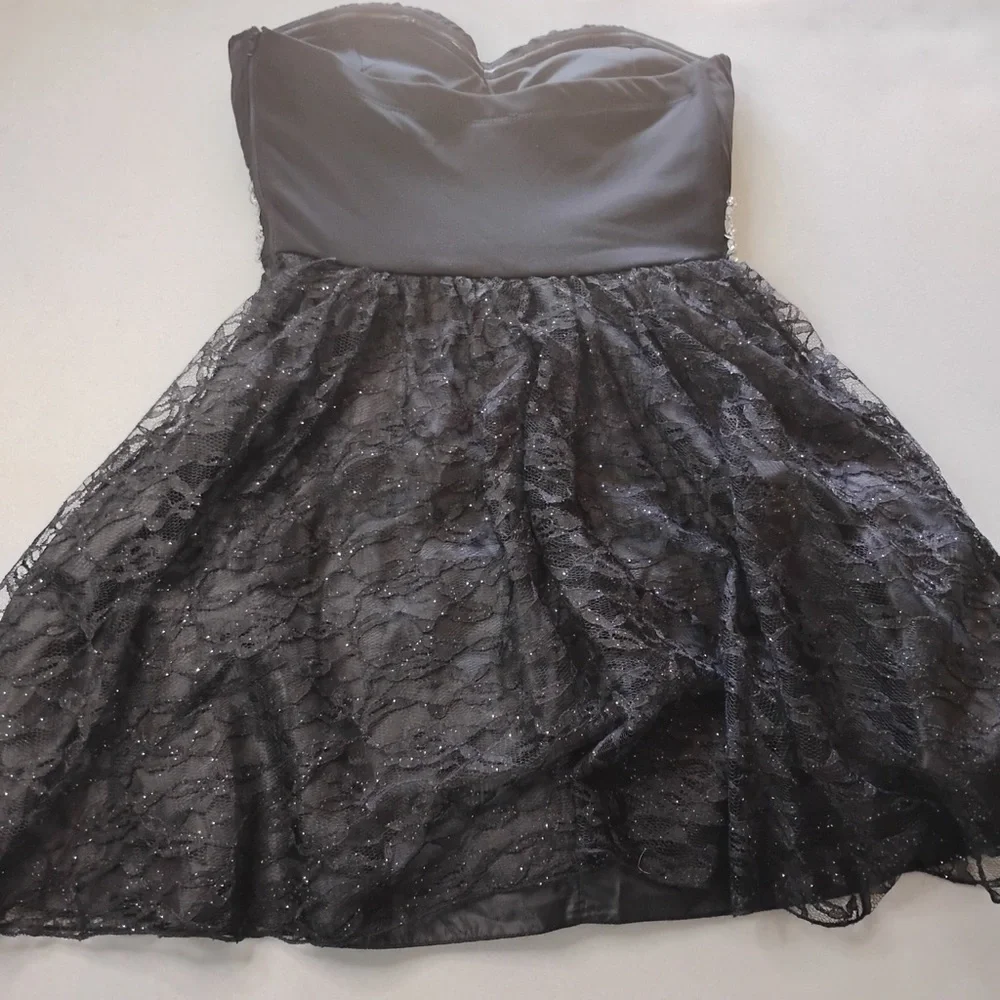 My Michelle Black Strapless Lace Cocktail Dress with Silver Waist Accents Size 5